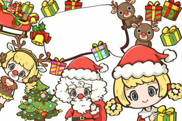 A cute cartoon is depicted on a postcard. As a card for a Christmas festival or as an invitation A greeting message can be written in the empty space in the middle.