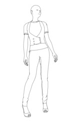Outline of a girl standing in clothes of black lines isolated on a white background. Vector illustration