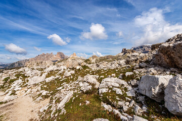 Fototapeta na wymiar Panoramic view of the Sesto or Sexten Dolomites from Tre Cime di Lavaredo (three peaks of Lavaredo). UNESCO world heritage site, Bolzano, Dobbiaco (Toblach), Trentino-Alto Adige, Italy, Europe.