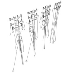 Contour of destroyed power lines from black isolated on white background. Isometric view. Vector illustration