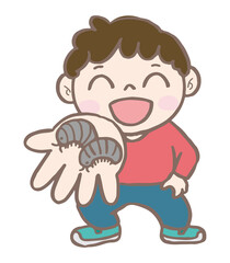 とくいげにダンゴムシ を見せてくる子どもとダンゴムシ/Child with insects/kids