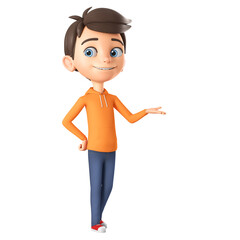 Cartoon character boy in orange sweatshirt isolated on white background holds copy space on palm. 3d render illustration.