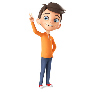 Character cartoon boy in orange sweatshirt  showing the peace of the world on white isolated background. 3d render illustration.