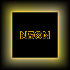 Neon background with black square in the center and text. Shiny yellow neon light frame. Vector design template