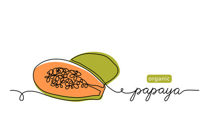 Papaya, pawpaw section with seeds vector illustration. One line art drawing with lettering organic papaya