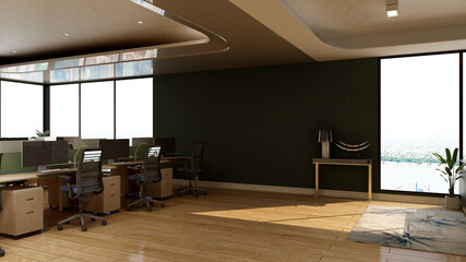 modern office area with blank wall 3d design interior for company logo mockup