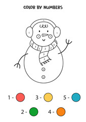 Color cute cartoon snowman by numbers. Worksheet for kids.