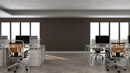 modern office area with blank wall 3d design interior for company logo mockup