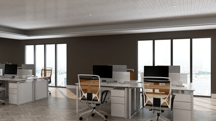 modern office area with blank wall 3d design interior for company logo mockup