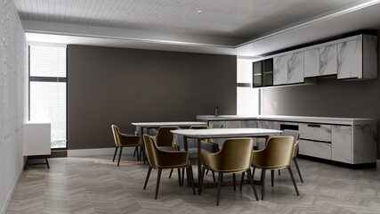 modern office pantry or kitchen area 3d render interior design for company logo mockup