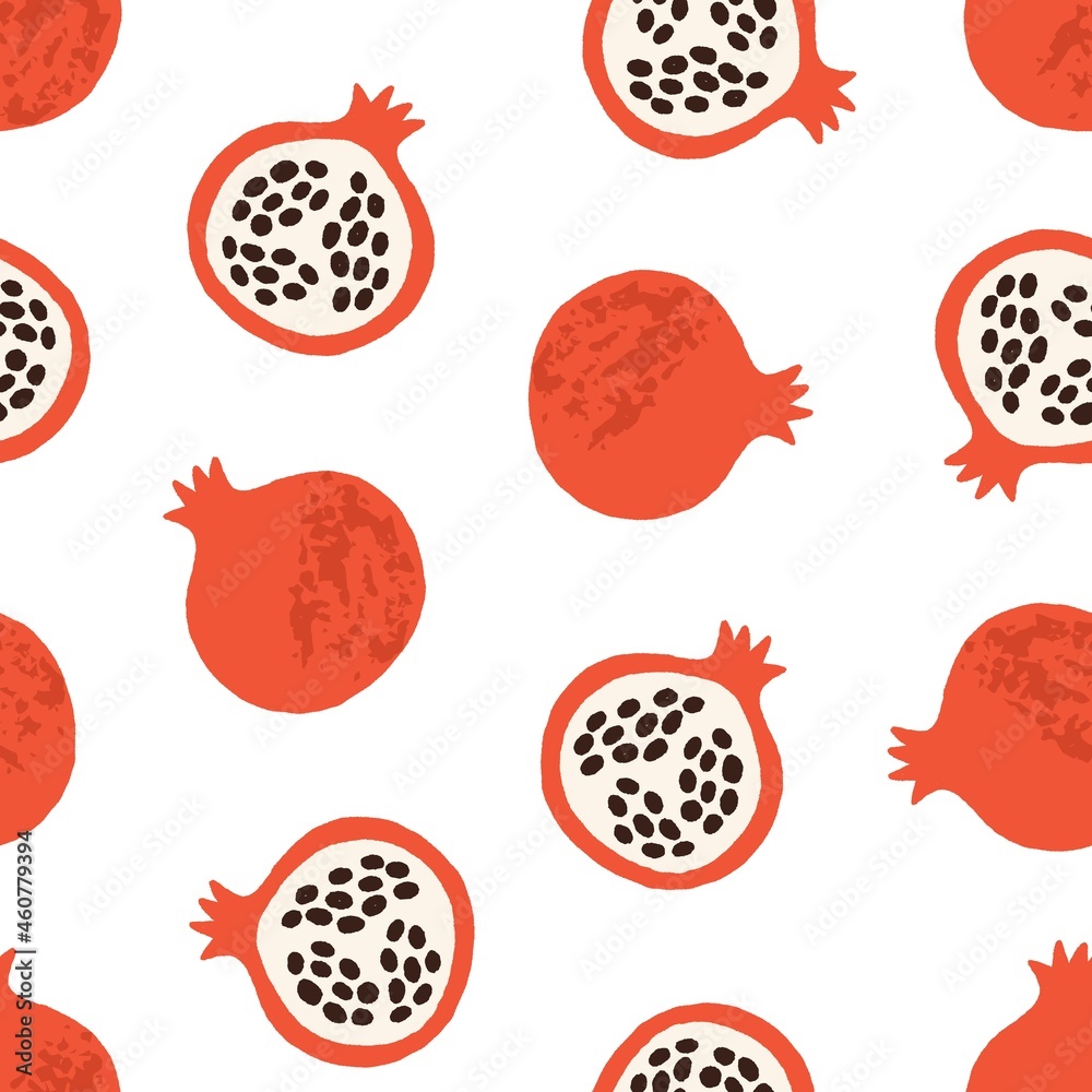 Poster Doodle pomegranate pattern. Seamless white background with simple garnets fruits. Endless repeating texture for printing and decoration. Printable flat vector illustration for fabric and decor