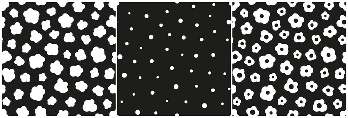 Ditsy daisy, spots and polka dots seamless repeat pattern collection. Monochrome set of different minimal all over prints.
