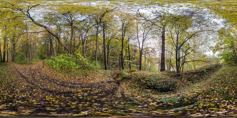 full seamless spherical hdri 360 panorama on mountain near tree-covered ravine in autumn forest equirectangular spherical projection. ready VR AR virtual reality content
