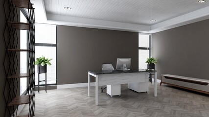 modern business office manager room with 3d design interior for company wall logo mockup