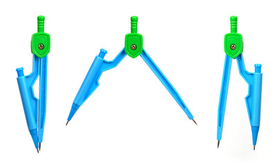 Blue plastic school drawing compass isolated on white background