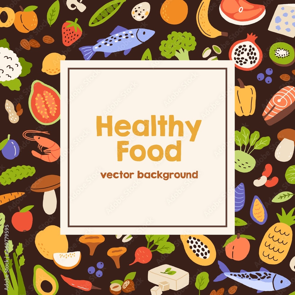 Aufkleber healthy food frame with background for text. square card design with fresh vitamin vegetables, fruit