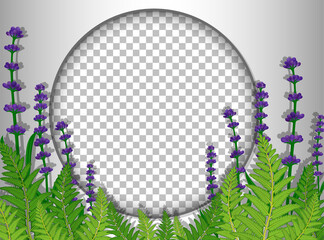 Round frame transparent with purple flowers and leaves template