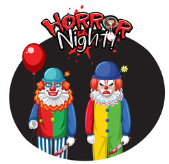 Horror Night badge with two creepy clowns