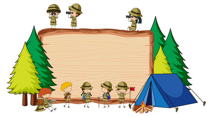 Empty wooden board with many kids in scout theme isolated - obrazy, fototapety, plakaty
