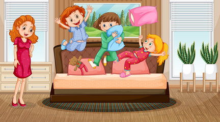Bedroon scene with mother looking at her children jumping on the bed