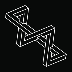 Impossible shape. Sacred geometry. Optical illusion. Abstract eternal geometric object. Impossible endless outline. Op art. Impossible geometry symbol on a black background. Escher style. Line art.