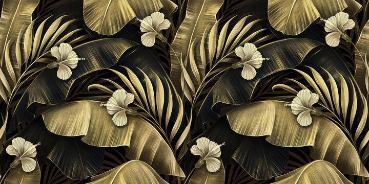 Tropical seamless pattern with golden vintage palm leaves, hibiscus flowers, banana leaves. Hand-drawn premium 3D illustration. Glamorous exotic background. Good for luxury wallpapers, cloth, mural