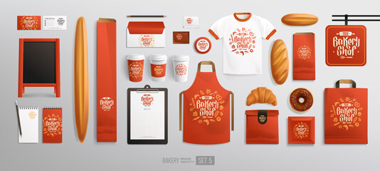 Realistic Bakery food package mock-up set with branding design. Baked goods, advertising sign, plastic cup, uniform, paper bag