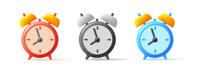 Set of 3d render icons of clock, stylized modern graphic of vintage clock