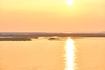 Sunset on the Amur river embankment in Khabarovsk, Russia.