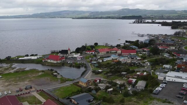Beautiful aerial panoramic shot of Ohinemutu, living Maori village and original settlement in Rotorua, New Zealand