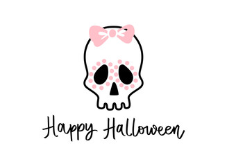 Cute Skull with bow. Happy Halloween character.