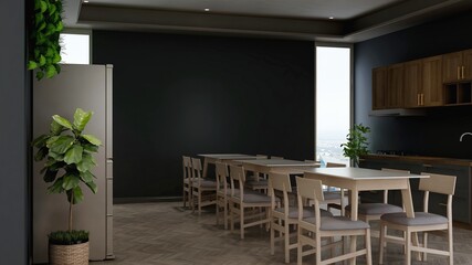 modern office pantry or kitchen area 3d render interior design for company logo mockup