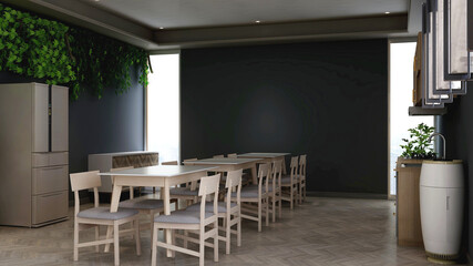 modern office pantry or kitchen area 3d render interior design for company logo mockup