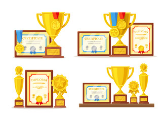 Cartoon awards set of trophy cups certificate diploma medals - vector illustration. 