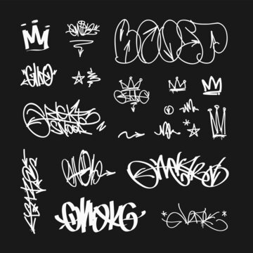 Vector Graffiti Tags - street art hip-hop writing. Doodle style spray paint and brush graffiti crown tags and abstracts symbols 