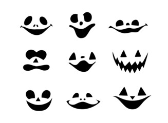 Halloween pumpkin or ghost faces vector set. Spooky pumpkin smile isolated on white background.