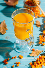 Hot sea buckthorn drink with honey and spices in a tall glass mug. On a blue wooden background. Close-up, hard light