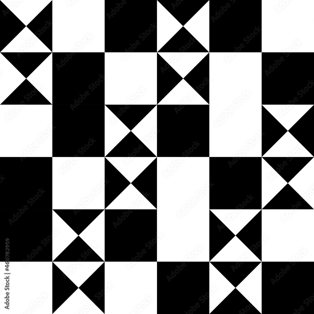 Poster Checker abstract pattern. Can be used like canvas. Vector seamless black and white rectangles and squares with four parts cells.