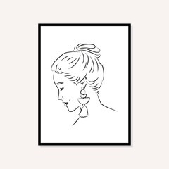 Line drawing portrait. Female illustration. Abstract boho style art print poster in a frame