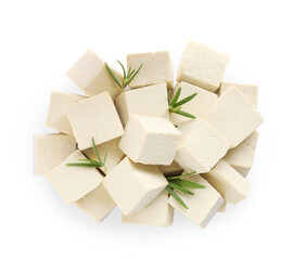 Delicious tofu and rosemary on white background, top view