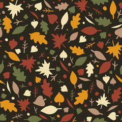 Lovely autumn leaves seamless pattern on dark background. Trendy doodle flat style. Great for cards, apparel design, wallpapers, gift wrapping paper, home decor etc