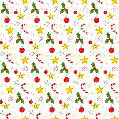 Christmas holly with berries, striped lollipop, Christmas ball, stars and confetti.Seamless repeating pattern in doodle style on a white background.