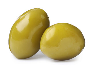Two fresh green olives on white background