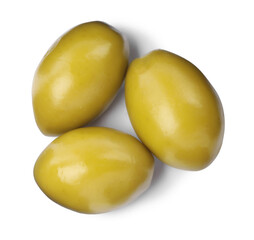 Three fresh green olives on white background, top view