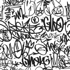 Vector graffiti doodle tags vector seamless pattern. Hip-Hop style endless background for print fabric and textile design. Spray paint graffiti tags