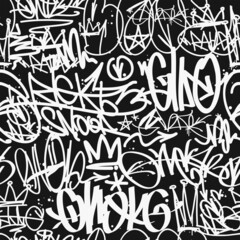 Graffiti street art doodle tags vector seamless pattern. Hip-Hop style endless background for print fabric and textile design. Spray paint graffiti tags © VRTX