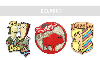 Magnetic souvenirs from Belarus isolated on a white background. Translation of the inscription in English: country Belarus; castle Nyasvizh