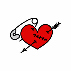 Heart with arrow clotnes pin logo icon sign Hand drawn ink sketch Decorative element Cartoon sticker badge Broken sew design style Fashion print clothes apparel greeting invitation card cover flyer ad