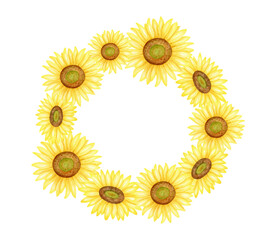 Watercolor sunflowers wreath illustration. Hand painted round frame with bright yellow flowers isolated on white background. Floral template for cards, invitations, design, packaging.