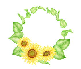 Fototapeta premium Watercolor sunflowers frame. Hand painted wreath with yellow farm flowers and leaves isolated on white background. Round floral template for cards, wedding, invitations, design, packaging.
